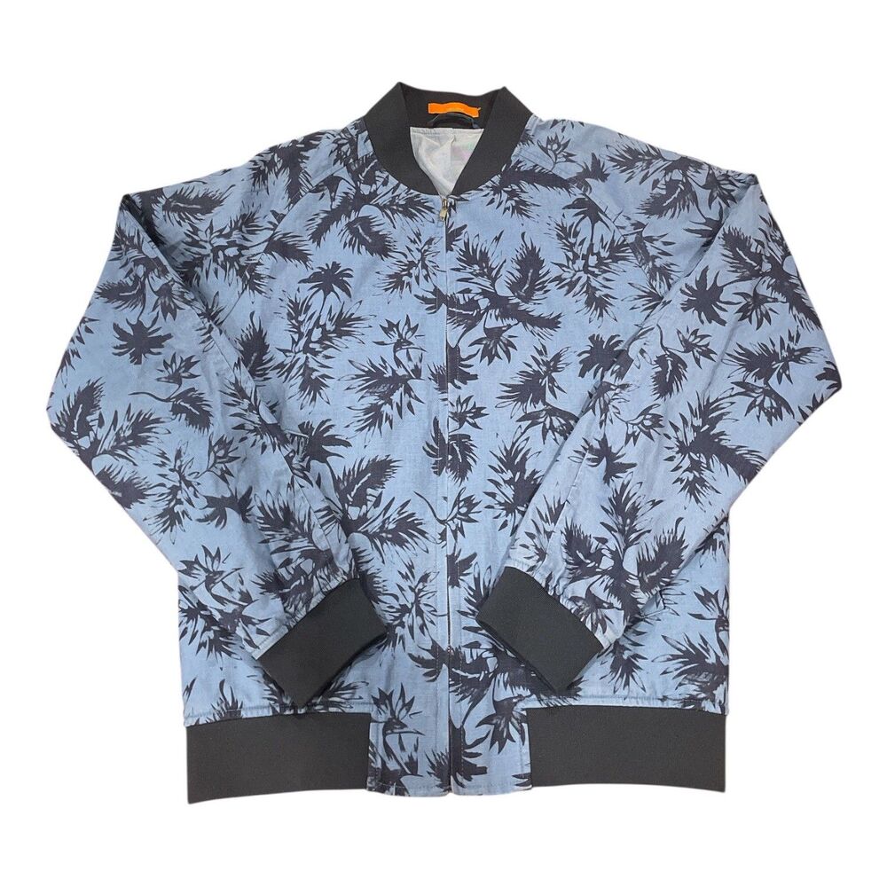 Tallia Mens Bomber Jacket Blue Palm Tropical Print Zip Up Lightweight Jacket‎ S